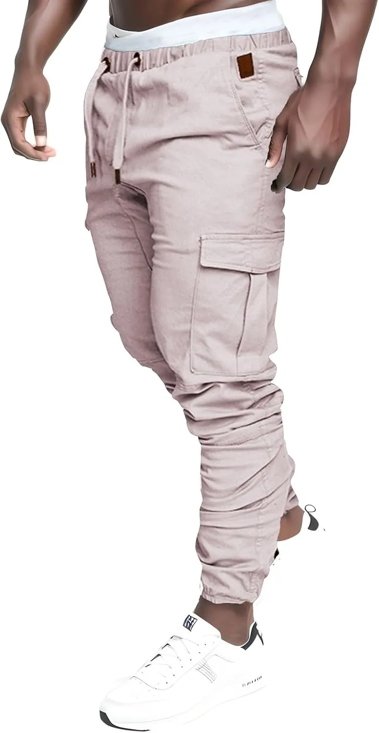 Mens Casual Twill Cargo Pants Cotton Drawstring Stretch Joggers Outdoor Trousers Hiking Pants Sports Sweatpants