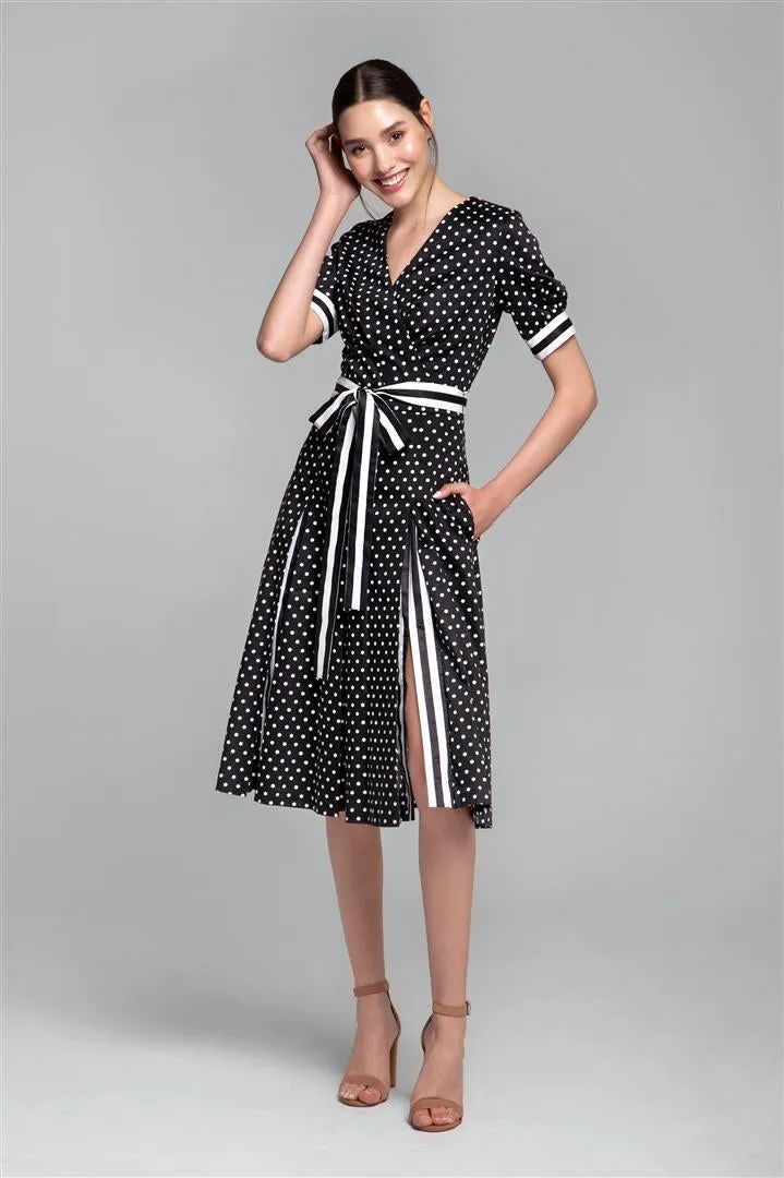 Polka dot flared cotton dress with striped details and slits