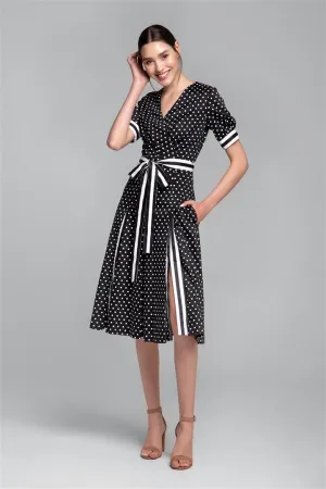 Polka dot flared cotton dress with striped details and slits