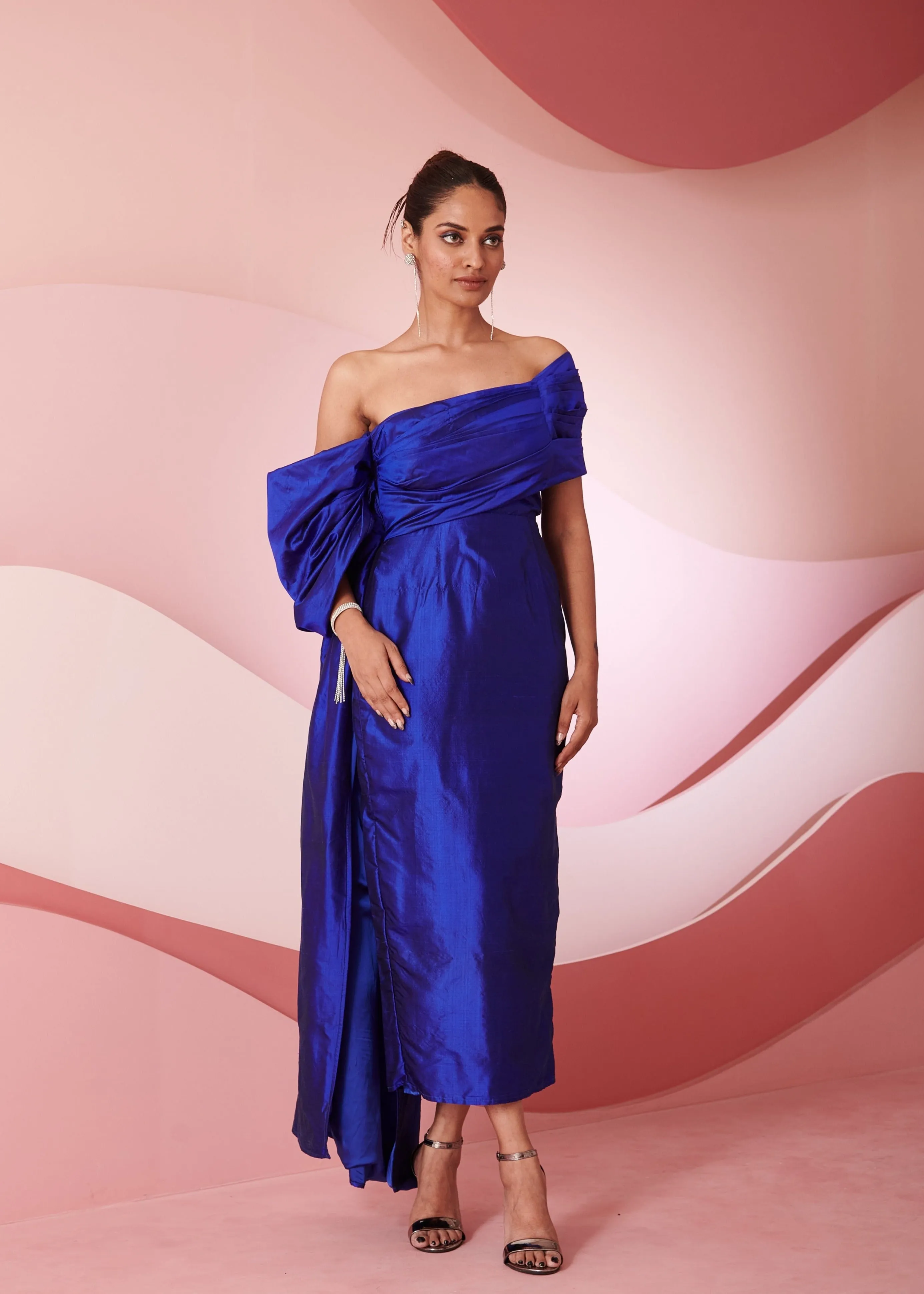 Sedna Blue Silk Draped Column Gown