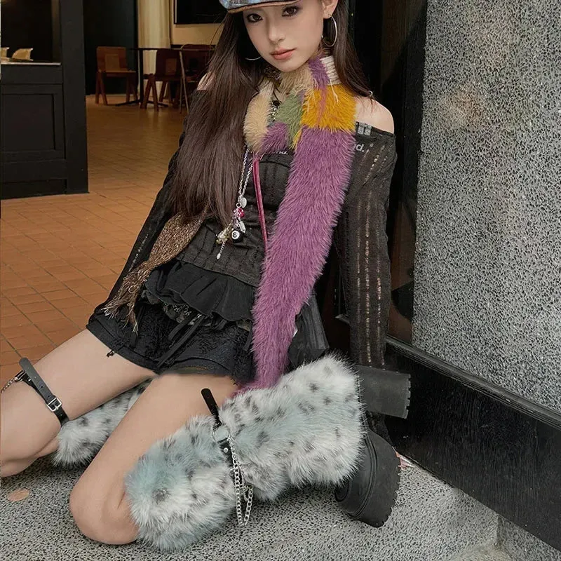 Winter Leopard Print Faux Fur Leg Warmers  Y2K Plush Punk Chain PU Belt, Harajuku Thickened Boots Cover, Fluffy Socks