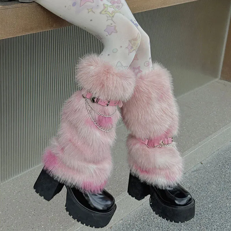 Winter Leopard Print Faux Fur Leg Warmers  Y2K Plush Punk Chain PU Belt, Harajuku Thickened Boots Cover, Fluffy Socks