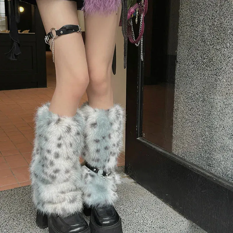 Winter Leopard Print Faux Fur Leg Warmers  Y2K Plush Punk Chain PU Belt, Harajuku Thickened Boots Cover, Fluffy Socks