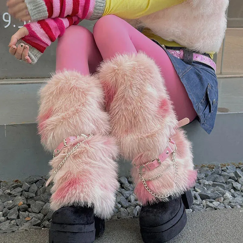 Winter Leopard Print Faux Fur Leg Warmers  Y2K Plush Punk Chain PU Belt, Harajuku Thickened Boots Cover, Fluffy Socks