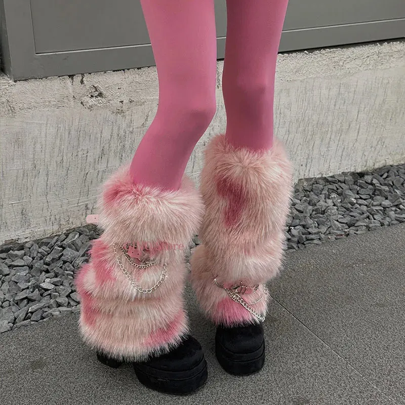 Winter Leopard Print Faux Fur Leg Warmers  Y2K Plush Punk Chain PU Belt, Harajuku Thickened Boots Cover, Fluffy Socks