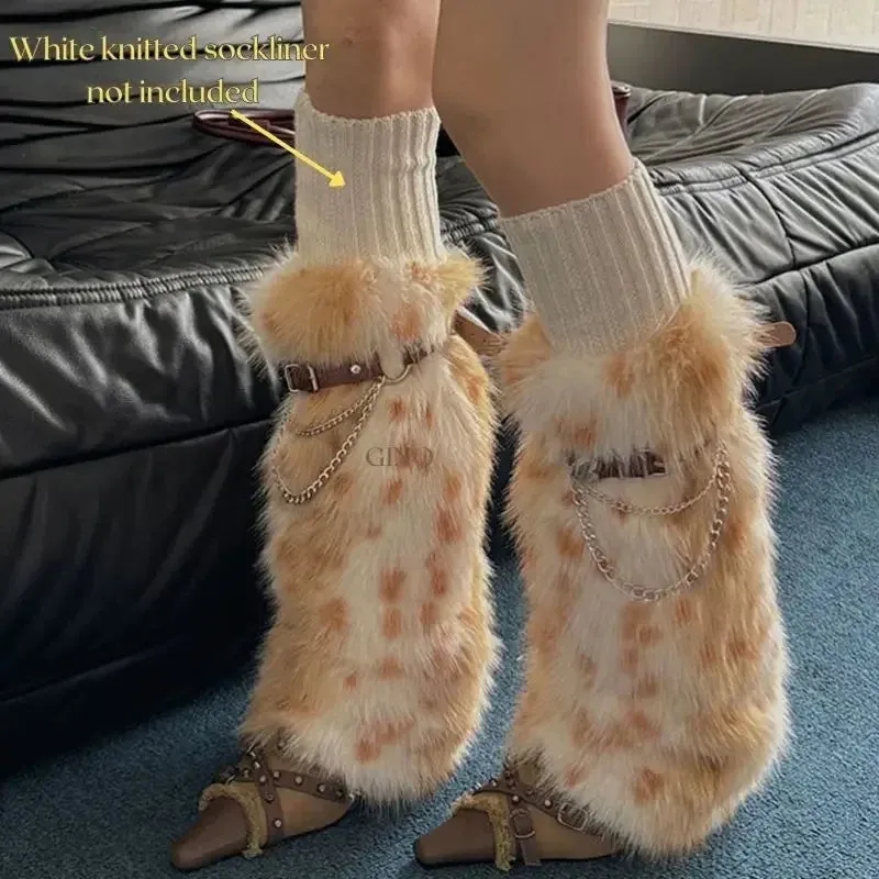 Winter Leopard Print Faux Fur Leg Warmers  Y2K Plush Punk Chain PU Belt, Harajuku Thickened Boots Cover, Fluffy Socks