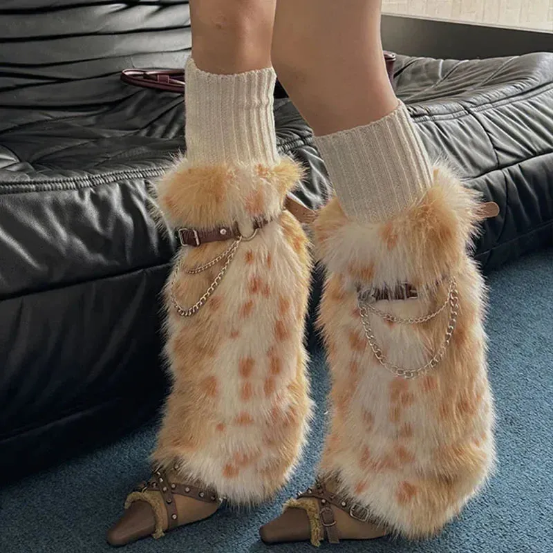Winter Leopard Print Faux Fur Leg Warmers  Y2K Plush Punk Chain PU Belt, Harajuku Thickened Boots Cover, Fluffy Socks