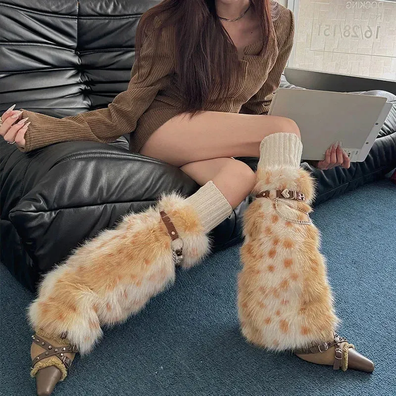 Winter Leopard Print Faux Fur Leg Warmers  Y2K Plush Punk Chain PU Belt, Harajuku Thickened Boots Cover, Fluffy Socks