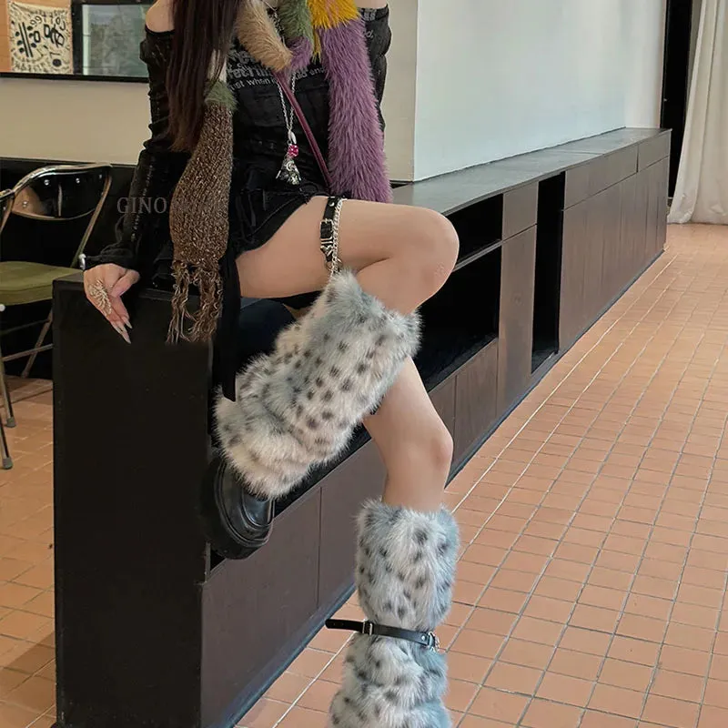Winter Leopard Print Faux Fur Leg Warmers  Y2K Plush Punk Chain PU Belt, Harajuku Thickened Boots Cover, Fluffy Socks