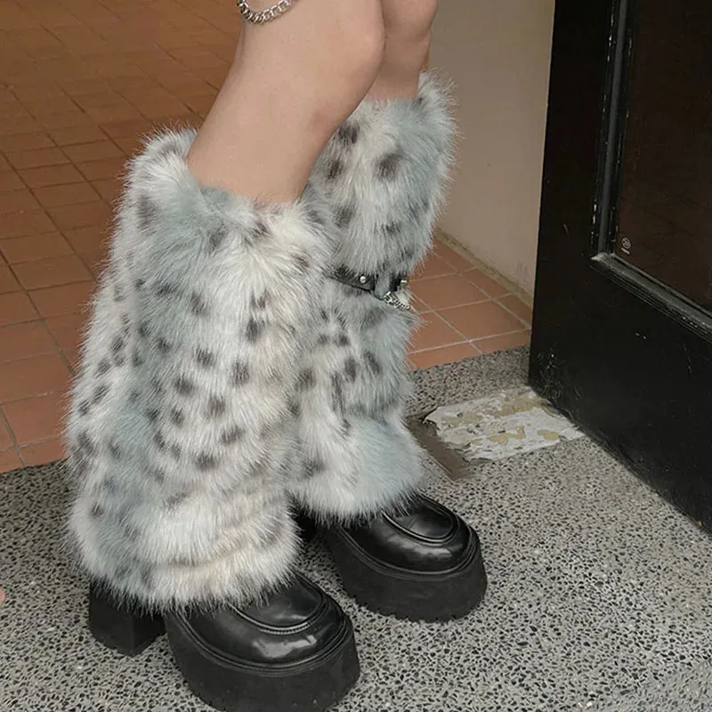 Winter Leopard Print Faux Fur Leg Warmers  Y2K Plush Punk Chain PU Belt, Harajuku Thickened Boots Cover, Fluffy Socks