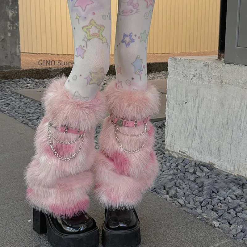 Winter Leopard Print Faux Fur Leg Warmers  Y2K Plush Punk Chain PU Belt, Harajuku Thickened Boots Cover, Fluffy Socks