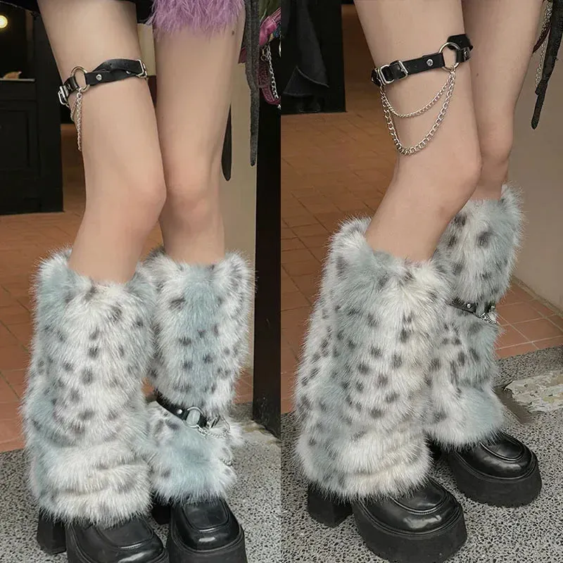 Winter Leopard Print Faux Fur Leg Warmers  Y2K Plush Punk Chain PU Belt, Harajuku Thickened Boots Cover, Fluffy Socks