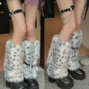 Winter Leopard Print Faux Fur Leg Warmers  Y2K Plush Punk Chain PU Belt, Harajuku Thickened Boots Cover, Fluffy Socks