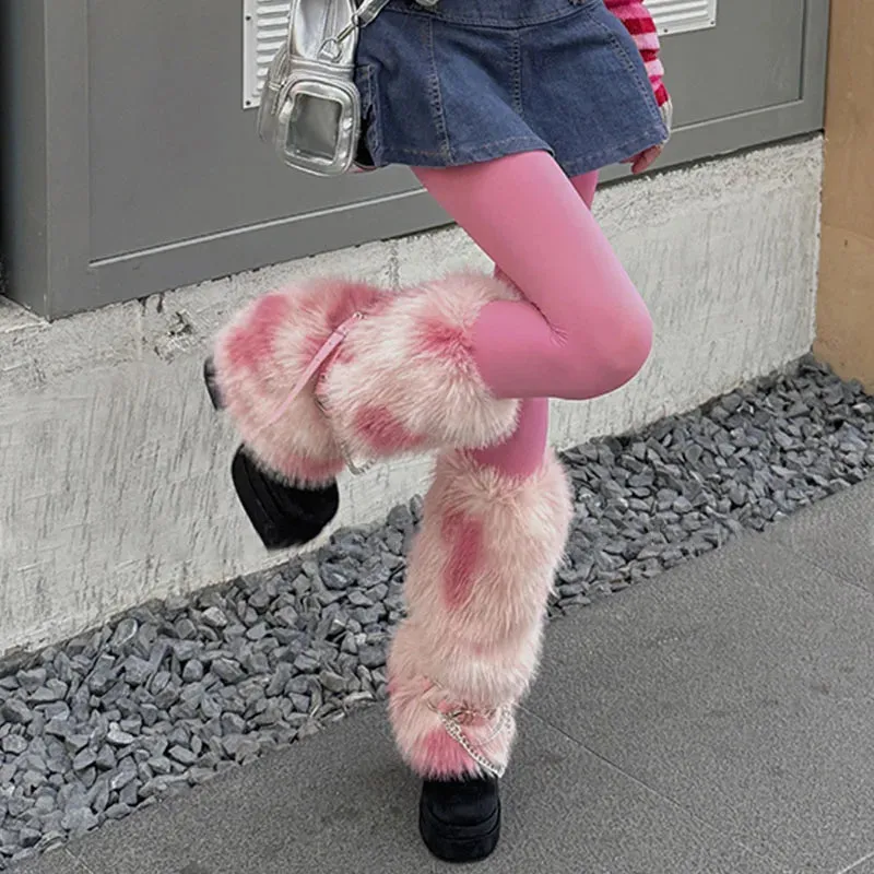 Winter Leopard Print Faux Fur Leg Warmers  Y2K Plush Punk Chain PU Belt, Harajuku Thickened Boots Cover, Fluffy Socks