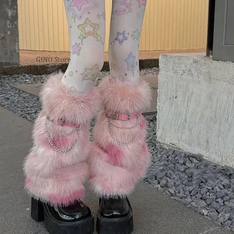 Winter Leopard Print Faux Fur Leg Warmers  Y2K Plush Punk Chain PU Belt, Harajuku Thickened Boots Cover, Fluffy Socks